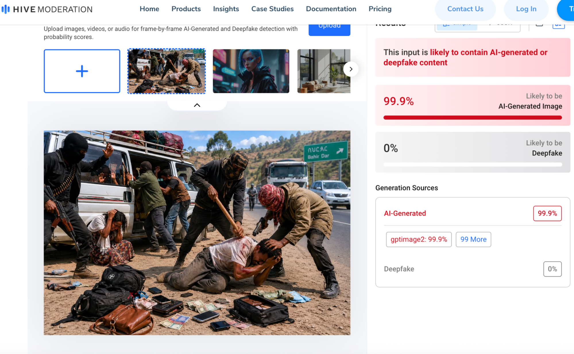 A screenshot of the Hive Moderation AI-detection result for the first image, indicating it is AI-generated
