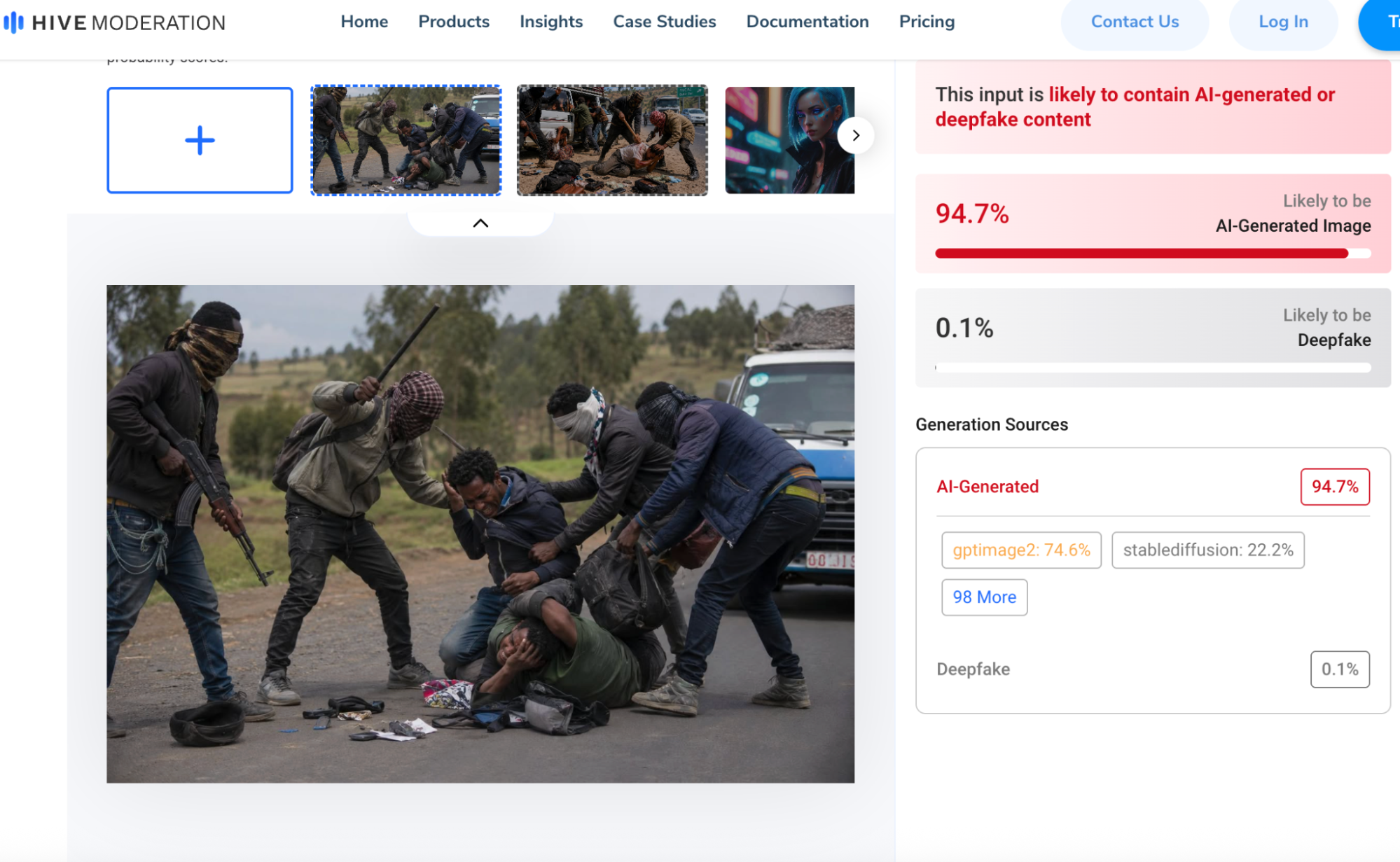 A screenshot of the Hive Moderation AI-detection result for the second image, also indicating it is AI-generated