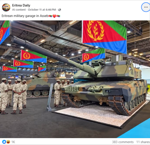 Screenshot claiming to show a military tank surrounded by Eritrean flags and soldiers